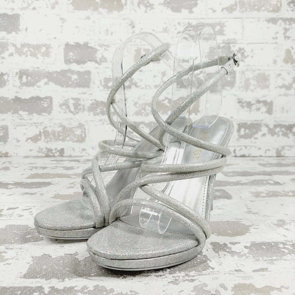 Nine West Loo May Strappy Stiletto In Silver Evening Buckle Strap Sandals O296